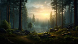 Fototapeta  - background design with a focus on the tranquility of a forest at sunrise, 