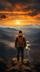 Canvas Print - b'Man standing on a cliff overlooking a valley at sunset'