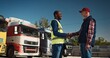 Truck driver talking to shipment supervisor and shaking hands. Two employees standing in front of big truck. Workers talking and perform technical inspection of vehicle before next drive.