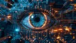 Futuristic circuit board design accented by a glowing cybernetic eye at its center