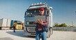 Truck driver holding a laptop and checking the fuel level in the tank, security checks for the safe transport of cargo. Professional lorry driver surfing internet on laptop while taking rest.