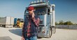 Portrait of male delivery courier man standing and talking by phone outdoors. Professional truck driver with his vehicle at daytime. Truck car travels, transportation and delivery.
