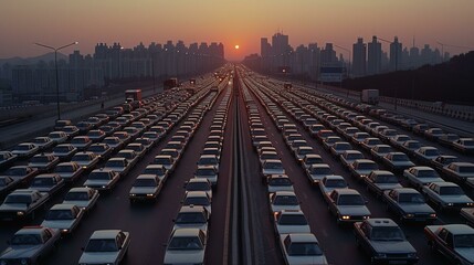 b'Gridlock of cars on a highway at sunset'