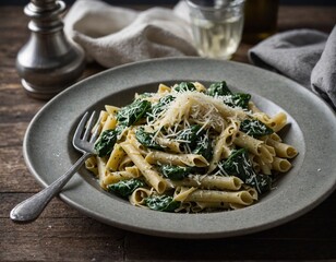 Wall Mural - A serving of creamy spinach and artichoke pasta topped with grated Parmesan cheese.
