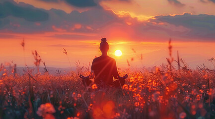 Wall Mural - A person meditating in a field at sunset, surrounded by tall grass and a vibrant sky.