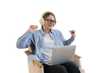 woman happy dancing freelancer online education uses laptop in chair, cut out background