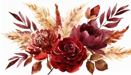 Poster - watercolor card burgundy flowers and pampas grass hand drawn red wine rich rose peonies branches leaves foliage fall boho autumn for wedding card bridal card