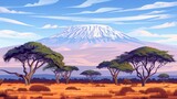 "Iconic African Scene: Handmade Vector Illustration of Savanna with Acacia Trees and Mount Kilimanjaro"
