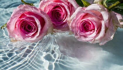 Canvas Print - pink roses drops and waves on the surface of the water water abstract background