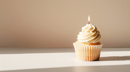 Wall Mural - Aesthetic beige cupcake with candle, light background, copy space. Anniversary celebration concept. Generative AI