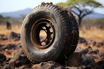 Torn car tire close up. Big hole.