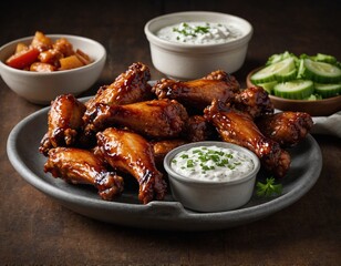 Wall Mural - A plate of tangy barbecue chicken wings served with ranch dressing for dipping.
