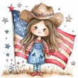 Adorable Young Girl in Cowboy Hat Holding American Flag Illustration