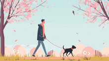 Man Walking Dog In Spring. Cute Vector Illustration