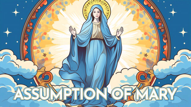Assumption of Mary Illustration with Feast of the Blessed Virgin and Doves in Heaven 