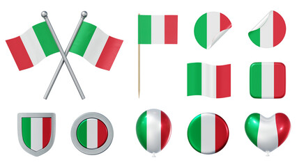 Set of objects with flag of Italy isolated on transparent background. 3D rendering