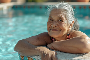 Happy senior woman in swimming pool, leaning on edge.