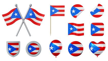 Set of objects with flag of Puerto Rico isolated on transparent background. 3D rendering