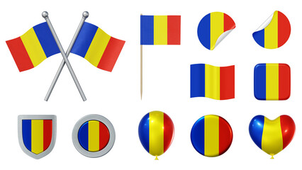 Wall Mural - Set of objects with flag of Romania isolated on transparent background. 3D rendering