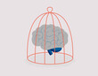 Human brain locked in the cage. Fixed mindset or Creative stagnation concept. Mental health and neurological disorders. Vector illustration