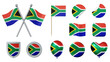 Set of objects with flag of South Africa isolated on transparent background. 3D rendering
