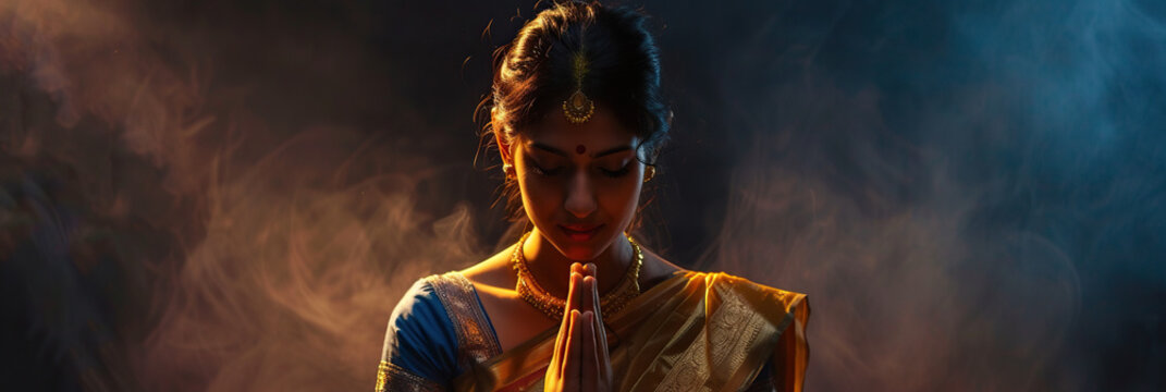 Indian woman prays to god on dark studio background. Cinematic effect