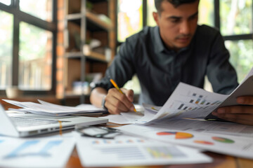 Young man entrepreneur analyzing papers at office close up. Businessman wor