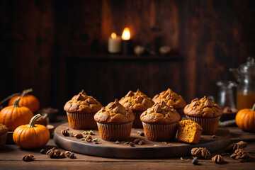 Wall Mural - Pumpkin muffins. Thanksgiving fall dessert, generated AI.