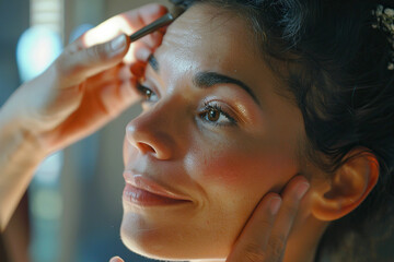 Wall Mural - Makeup artist applies Makeup artist applies powder and blush . Beautiful Latin Woman face. Hand of make-up master puts blush on cheeks beauty model girl . Make up in process . Beautiful woman