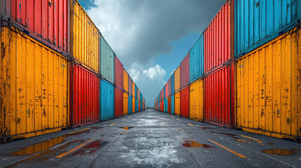 A Cargo containers stacked in a port. The containers are used for shipping, transportation, and logistics in various industries. They are stacked using cranes and stored in warehouses