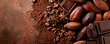 Cocoa beans and chocolate background with copy space for text.