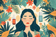 Woman surrounded by flowers and plants, women's cosmetics and perfume flat illustration concept