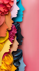 Wall Mural - A row of colorful paper womens faces on a pink background