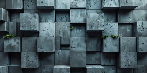 A wall made of gray blocks with plants growing out of them