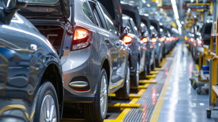 Wall Mural - The mass production conveyor of modern cars is occupied by almost finished cars