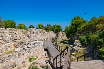 Troy ancient city view with a wooden walkway. Visit Turkiye background photo