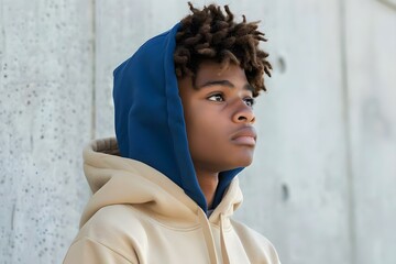 Wall Mural - Stylish African American Teen Boy in Beige Streetwear Sweater with Blue Hoodie. Concept Fashion, Photography, Street Style, Teenagers, African American