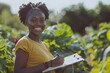 Black woman, farmer and with clipboard for harvest, vegetables and check plants growth outdoor. Portrait, agriculture, and female affirm quality control, health, and eco-friendly produce.