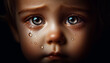 A kid's eyes filled with tears. The image captures the innocent and emotional expression of the child with clear tears welling. Close-up of a girl's face. Tears. Emotion concept.