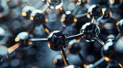 Aufkleber - A visually striking 3D rendered image of black carbon atom structures, showcasing a molecular composition with depth of field