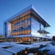 Glass and Steel: Highlight a contemporary white building featuring extensive use of glass panels and steel elements. Generative AI