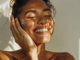 Fototapeta  - A woman smiling while touching her flawless glowy skin with copy space for your advertisement. Ai generated