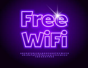 Wall Mural - Vector modern advertisement Free WiFi. Purple glowing Font. Neon Alphabet Letters and Numbers set