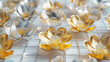 Gold and silver floral blossoms blooming on a pristine square grid.