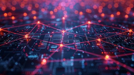 A computer chip with many red lines and dots