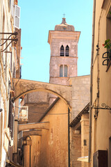 Wall Mural - The bell tower of the Sainte-Marie Majeure church in Bonifacio in Corsica is a Roman Catholic church. This is the oldest building in the city, construction of which was completed in the 13th century