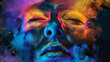 Face emerges from a burst of neon smoke, eyes closed, with vivid blue and orange hues painted across the skin.