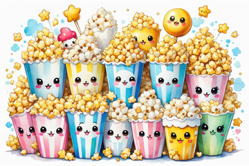 Cute and funny cartoon popcorn characters in basket.