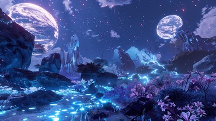 Wall Mural - A virtual reality landscape featuring an alien planet with bioluminescent plants and floating rocks 