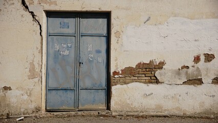 Wall Mural - metal door in degraded wall as background